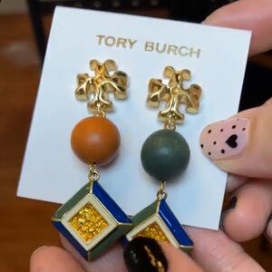 NWT Tory Burch Roxanne Azure Green 18K Gold Plated Double Drop Earrings